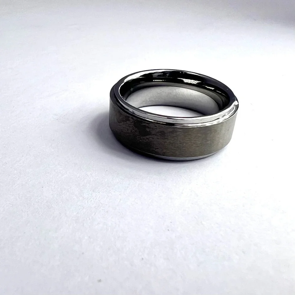 Gunmetal Tungsten Crown Engraved Ring Mens 7.5 Flat Edge Wedding Band King Faith